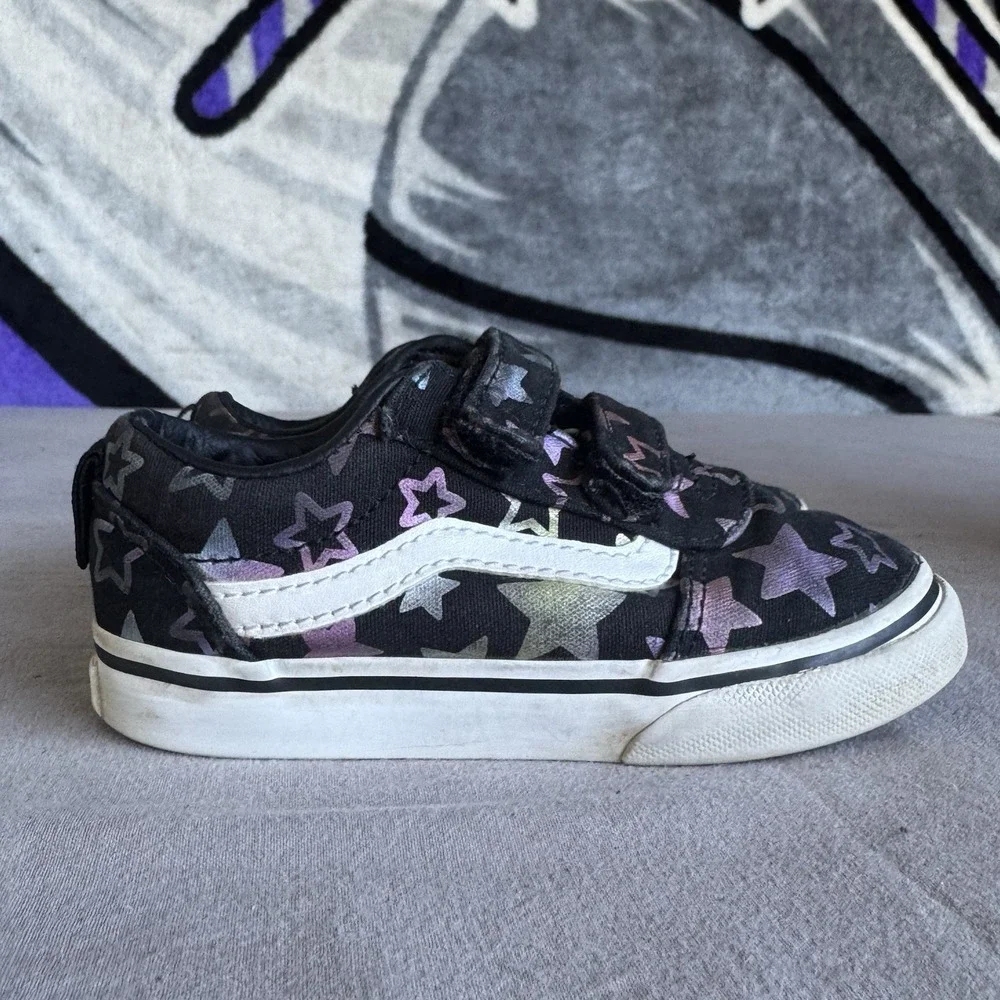 Size 8c - Vans Toddler Girl's Ward V Foil Stars Black/Multi Skate Shoes